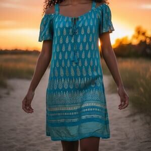 NWT Lapogee Bohemian Dress Size Large Teal Gold Indian Off Shoulder Boho Summer